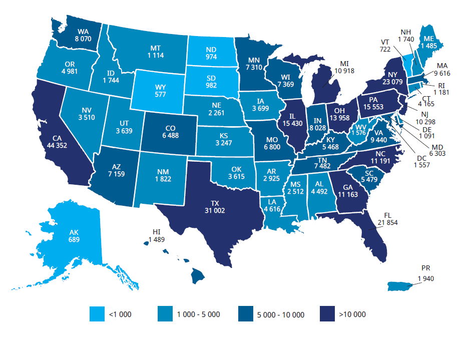 Map with number of jobs in each state listed